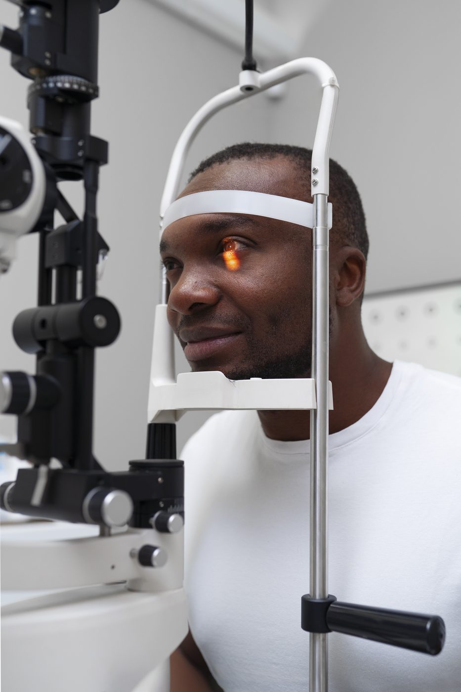 Examen ophtalmologique d'un patient à la lampe à fente